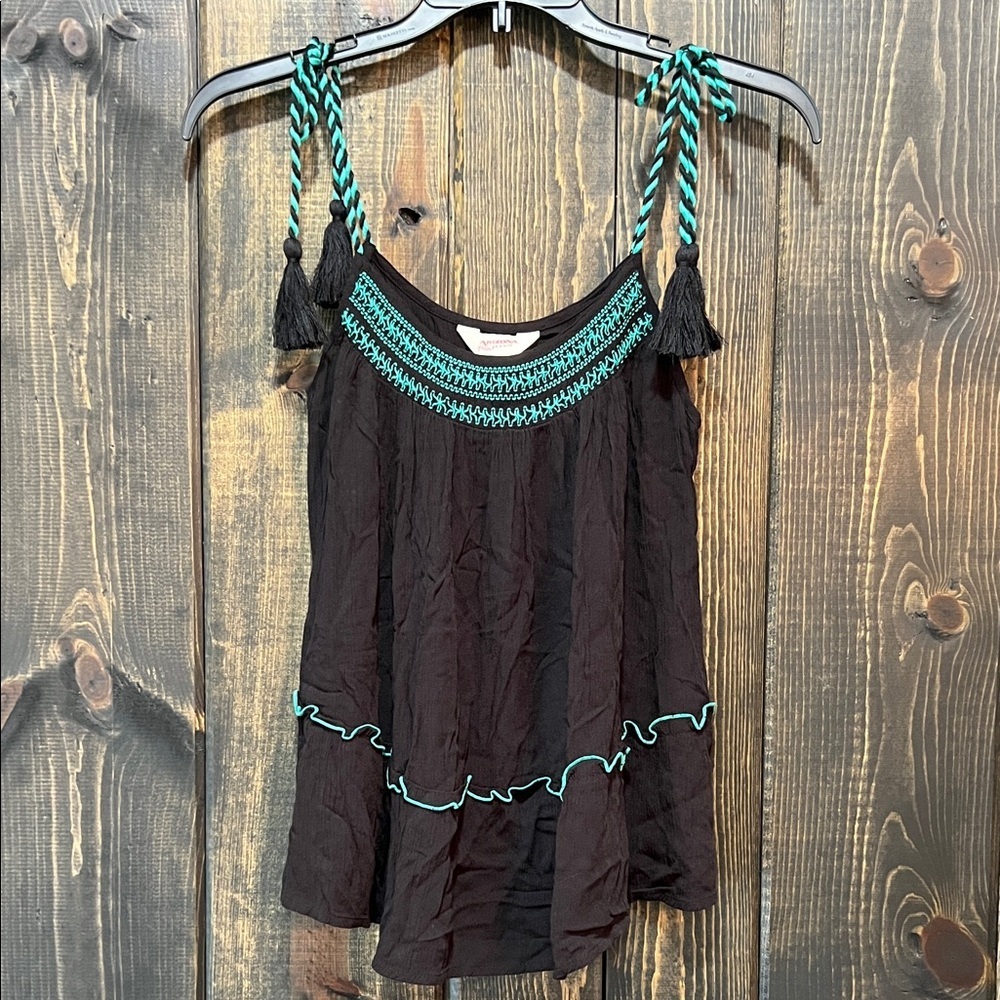 Arizona Jeans Black Y2K Boho Rope Tank Top Size S Teal Embroidered Contrast